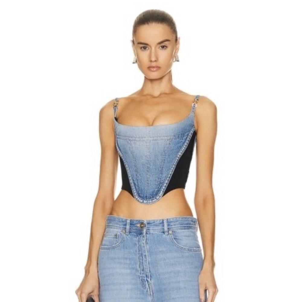Versace Cropped Denim Jersey Bustier Top Blue Black IT 40 US 4 NWT $1275